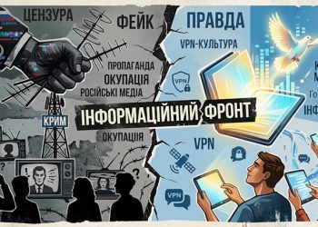 Колаж про інформаційну боротьбу в Криму: цифрова цензура проти свободи слова.