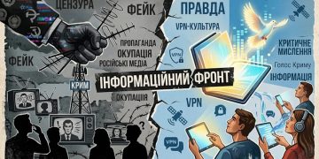 Колаж про інформаційну боротьбу в Криму: цифрова цензура проти свободи слова.