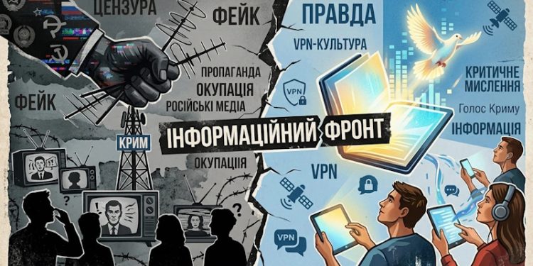 Колаж про інформаційну боротьбу в Криму: цифрова цензура проти свободи слова.